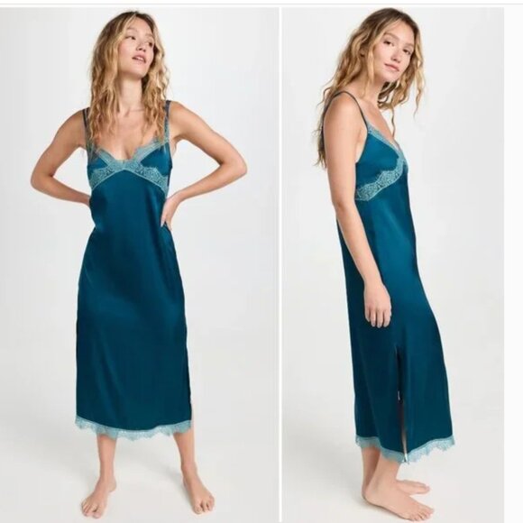 Simone Perele Satin Lace Secrets Long Night Dress Gown Size S 1 Blue NEW $120